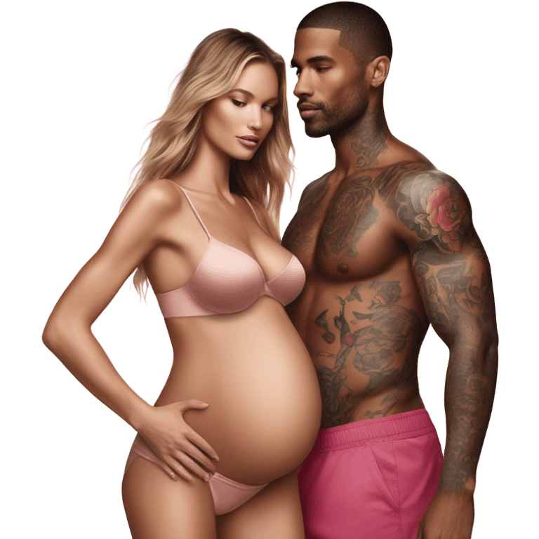 Photo of a Victoria secret model pregnant Standing next to a tattooed male model  emoji