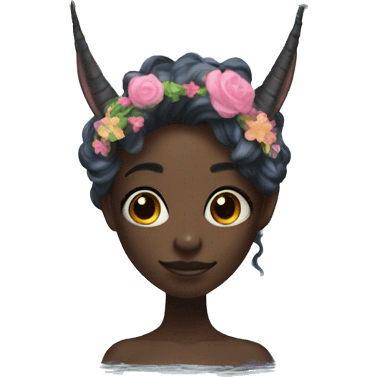 generate a dark-skinned fairy with a unicorn horn who circles the water with a flower wreath emoji