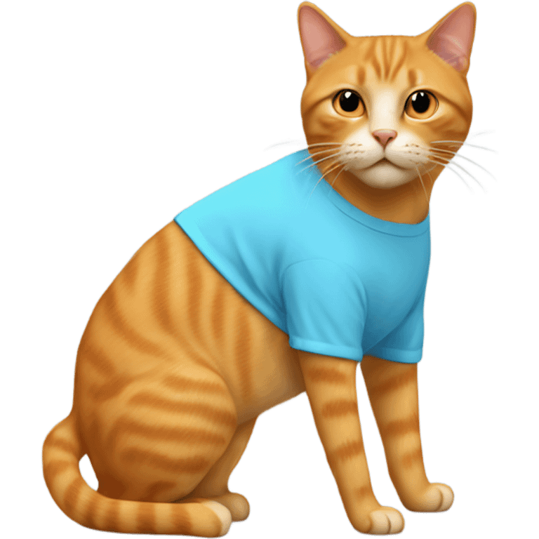 tan-red cat wearing a light-blue t-shirt taps musical keyboard emoji