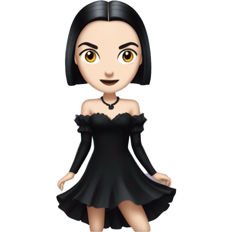 wednesday addams dancing with werewolves. high beauty face. short black flowing strapless evening gown with  plunging neckline that’s off-the-shoulders that also shows her legs and black shiny velvet high heel shoes. emoji