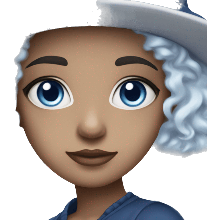 a girl with heterochromia, one eye is light blue and the right eye is dark blue, white short curly hair, with a small hat thats blue on the left side of her head, and is pretty, dark blue oufit, her hair is white with blue streaks in it￼ emoji