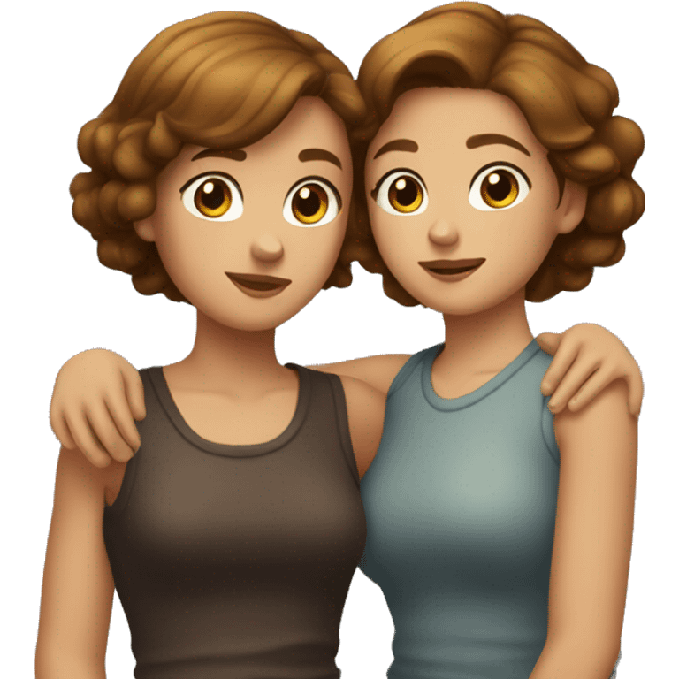 Tow girls with short brown hair one of them is tanned the other is white hugging  emoji