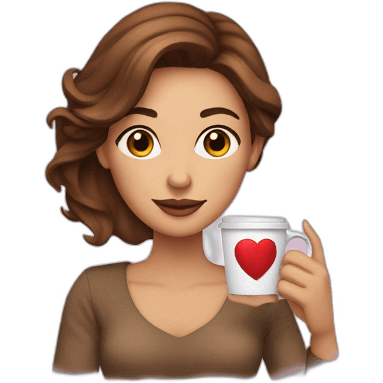 a woman with brown medium length hair parted on side holding a coffee cup with a heart  emoji