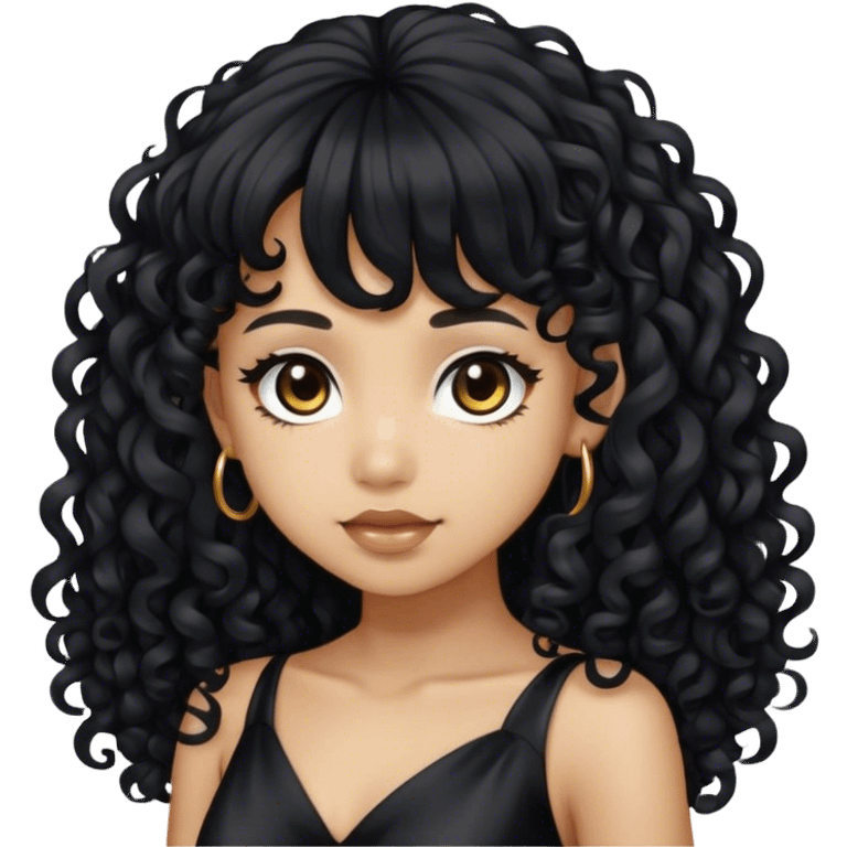 Light skin girl with black very long curly hair with bang, brown eyes, black dress emoji