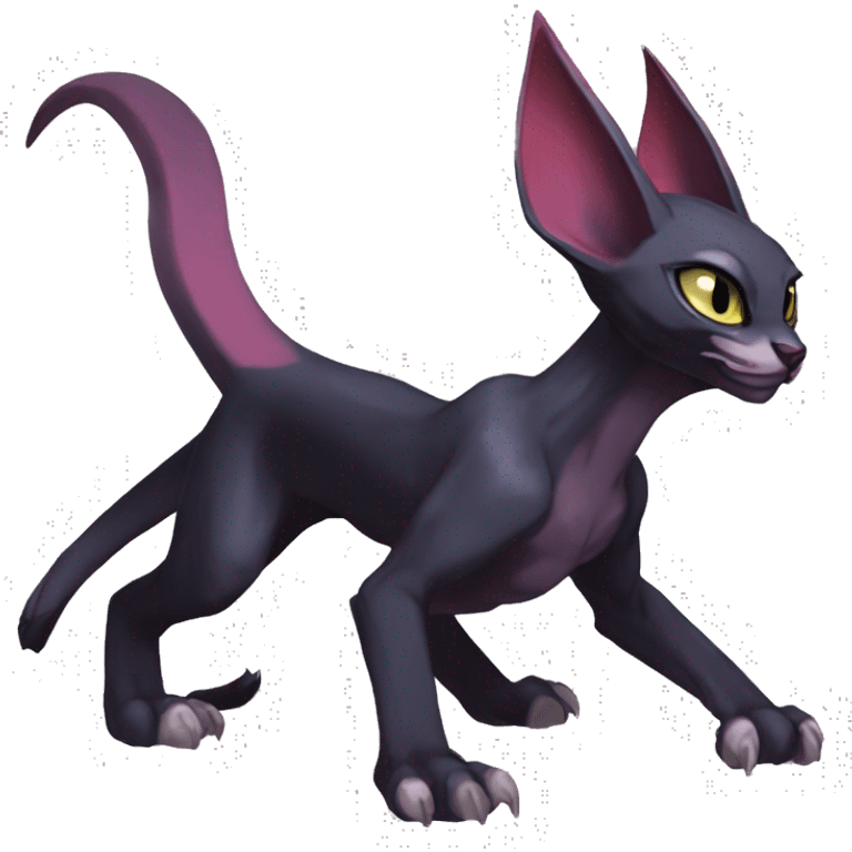 Black cool vampiric demonic Noivern-Litten-Sphynx-Lykoi-Caracal-Fakemon with big bat ears full-body emoji