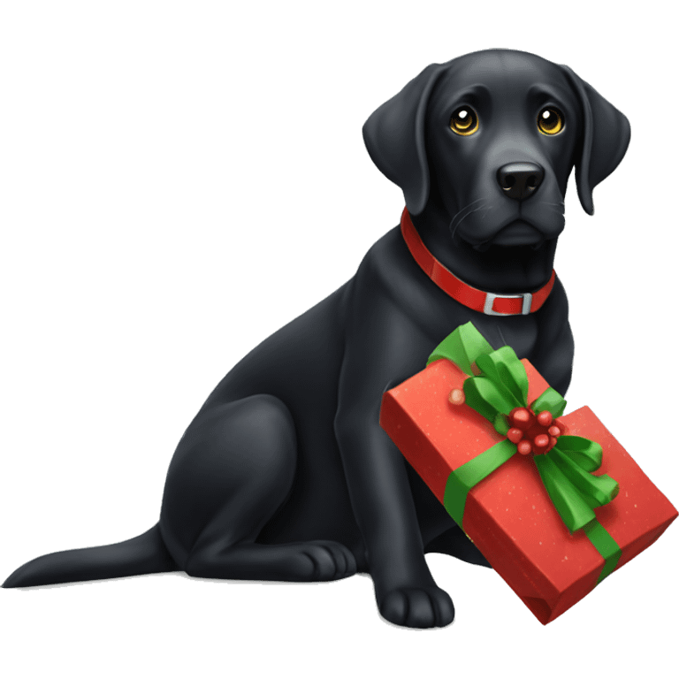 Black Labrador holding Christmas present emoji