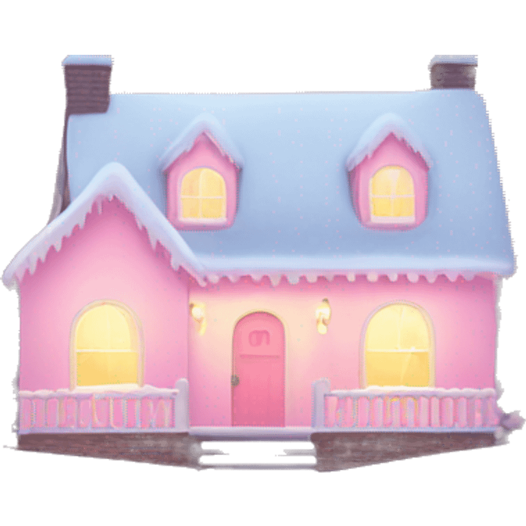 Pastel pink house with snow and Christmas lights and Christmas trees￼ emoji