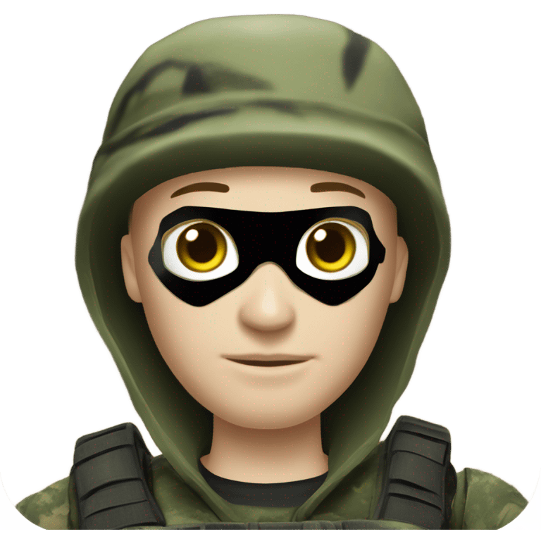 white male, pale skin, call of duty black mask, green camo tactical gear, combat boots, black beanie, hazel eyes emoji