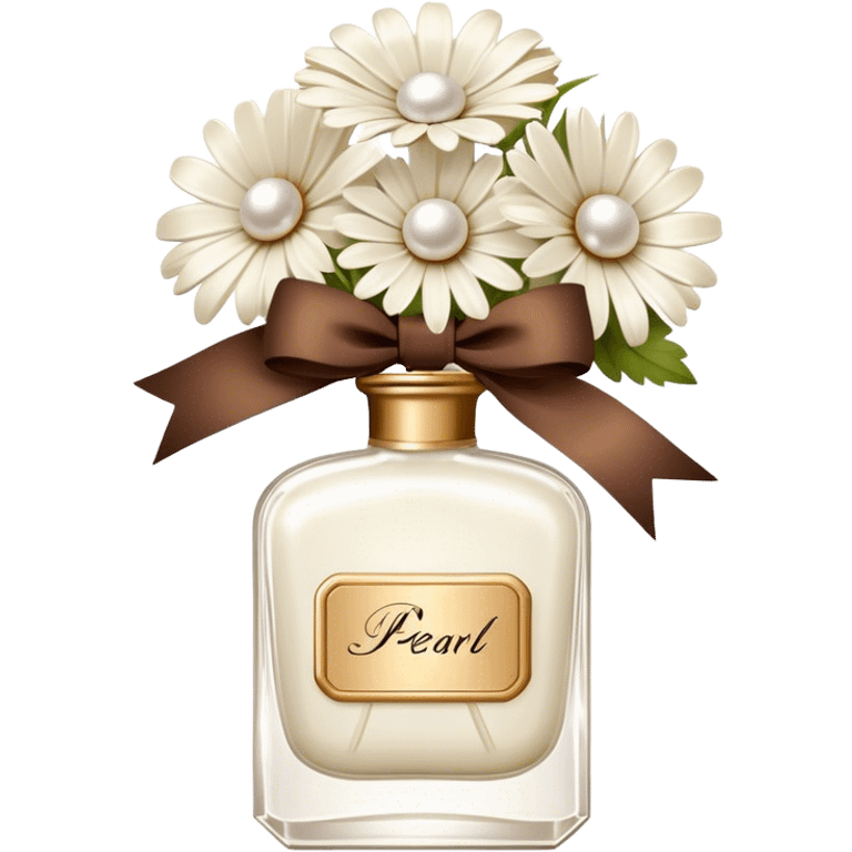 pearl white vintage style perfume bottle and ivory colored daisies and a brown bow emoji