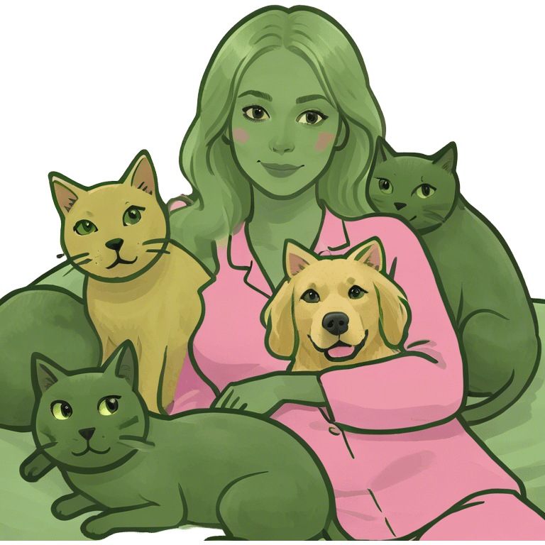 Blonde woman in bed with two cats and a golden retriever emoji