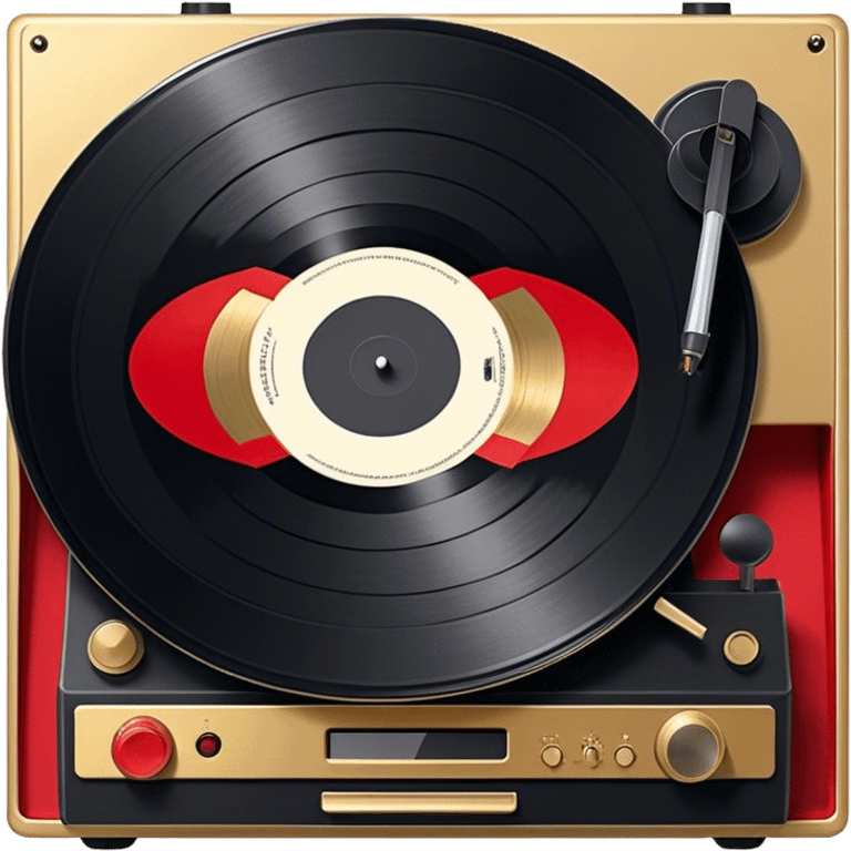 Icon for Vinyl Record Collecting: large black, golden and red vinyl records in decorative packaging featuring artist images, neatly arranged on a wall or shelf, modern vinyl record player. The icon should reflect the aesthetic and artistic aspect of collecting vinyl records. Transparent background. emoji