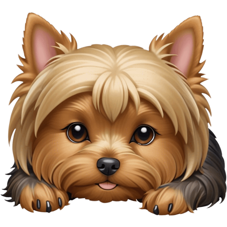 Meme-Worthy Cute Sleeping Yorkshire Terrier Portrait Emoji, Head resting gently with a peaceful, contented expression and softly closed, dreamy eyes, featuring a well-groomed, silky fur in rich hues, simplified yet irresistibly endearing, highly detailed, glowing with a gentle, drowsy radiance, high shine, exuding relaxed, heart-melting charm, styled with a soft glowing outline, capturing the essence of a sleeping Yorkshire Terrier that looks as if it could drift off into a sweet, meme-worthy slumber! emoji