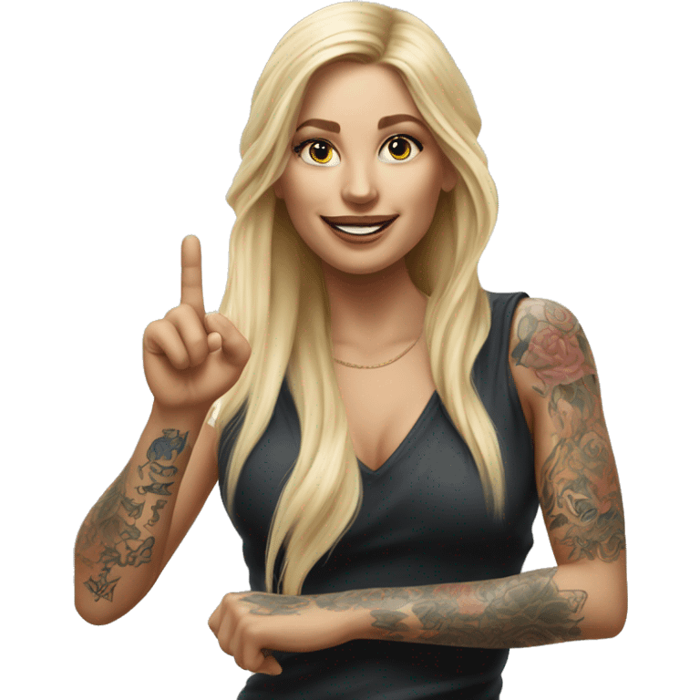 Blonde elegant women with LONG HAIR, her Body Covered with Tattoos, POINTING YOU FORWARD with her HAND with INDEX FINGER, Hyper realistic emoji