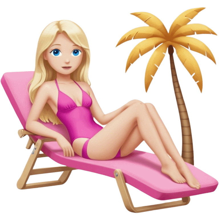 A cinematically realistic blonde with long hair and blue eyes is lying on a chaise longue in a pink swimsuit, sunbathing in the sun emoji