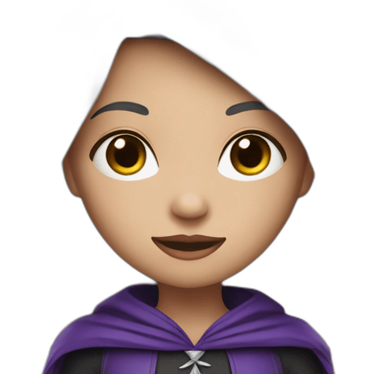 a young white brown thin girl with straight black hair dressed as a purple witch emoji