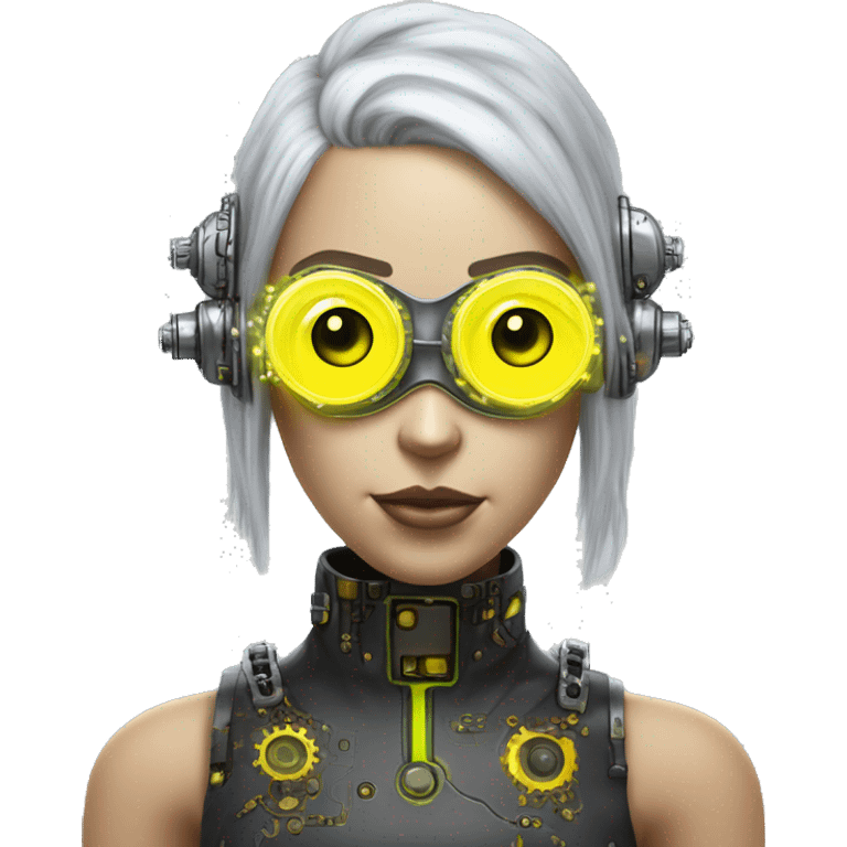 Caucasian female cyborg head with Neon yellow bobbed hair, silver steampunk goggles and circuits emoji