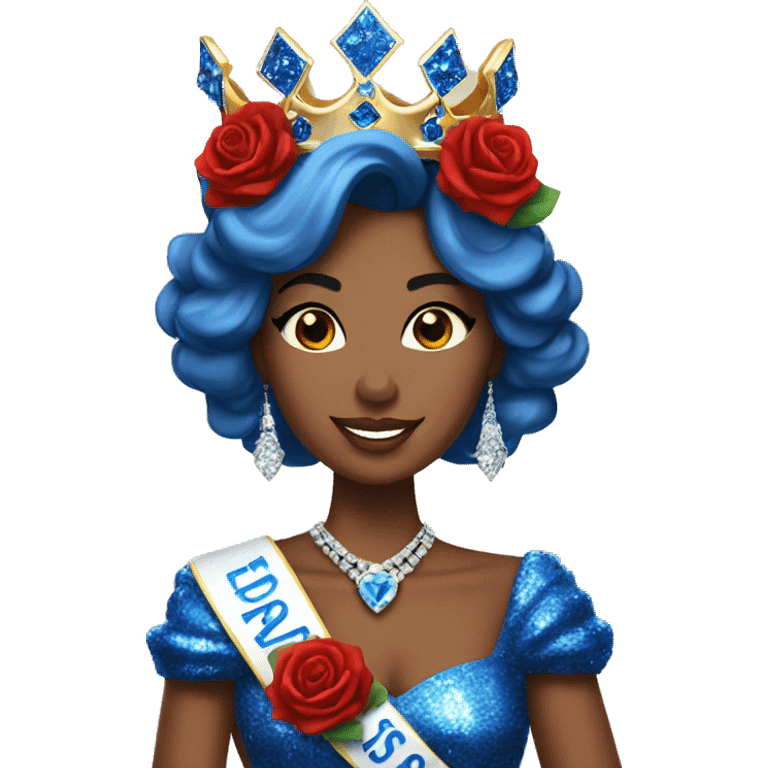 Miss Massachusetts wearing a crown and blue sparkly dress holding red roses emoji