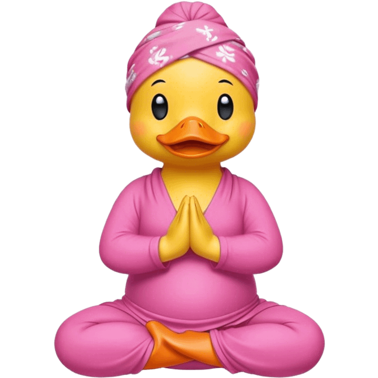 side view of yellow rubber duck with a pink bandana doing yoga while praying emoji