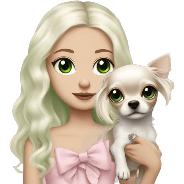 pale blonde girl with long platinum white wavy hair with bright green eyes and wearing a light pink hair bow holding a black and white long haired chihuahua puppy also wearing a hair bow emoji