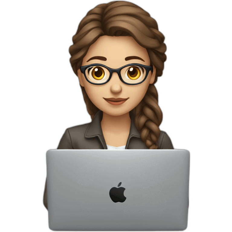 Beautiful programmer girl with brown hair working with MacBook emoji