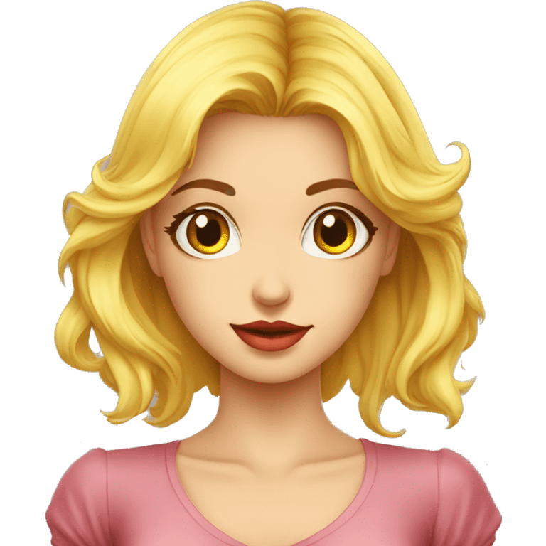 una chica medio rubia piel clara ojos cafe camisa color amarillo emoji