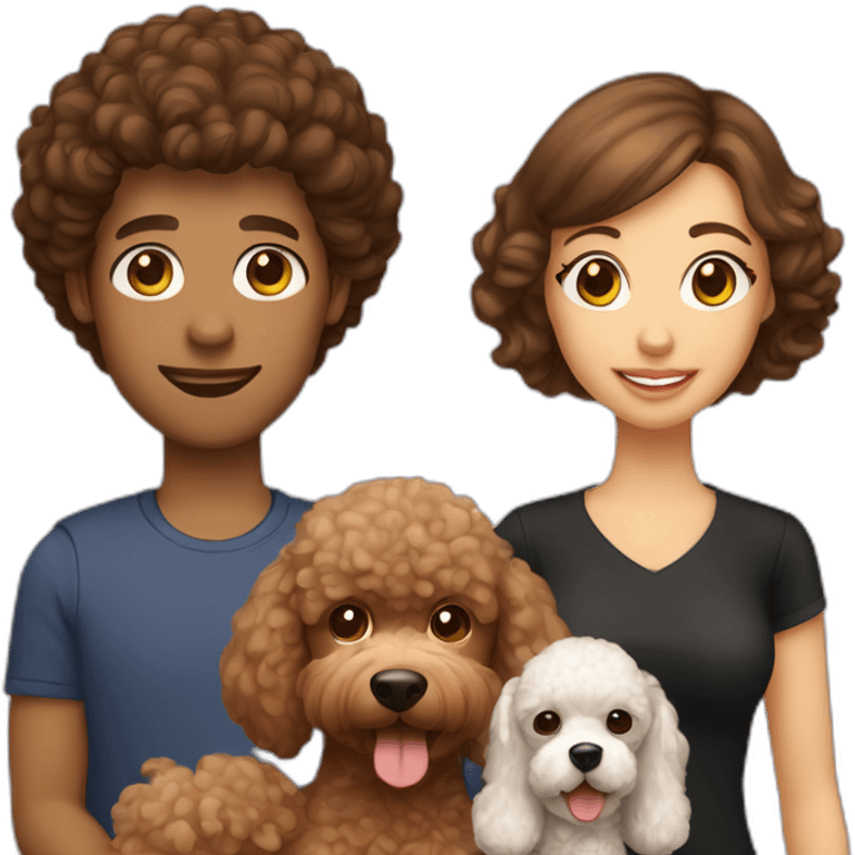 A family consisting of 1 man with light brown hair, 1 woman with dark brown hair and a toy poodle with brown hair emoji