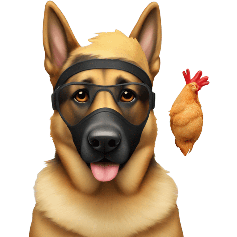 German shepherd wearing a mask taking chicken’s temperature  emoji