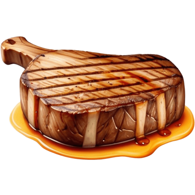 Cinematic thick-cut scotch t-bone steak, perfectly seared with grill marks, a grilled center, rich and savory, warm glow, sizzling and mouthwatering, highly detailed and appetizing. emoji