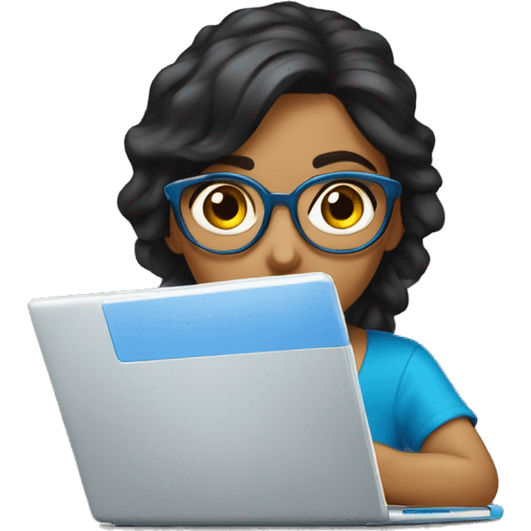 morena com óculos azul e notebook emoji