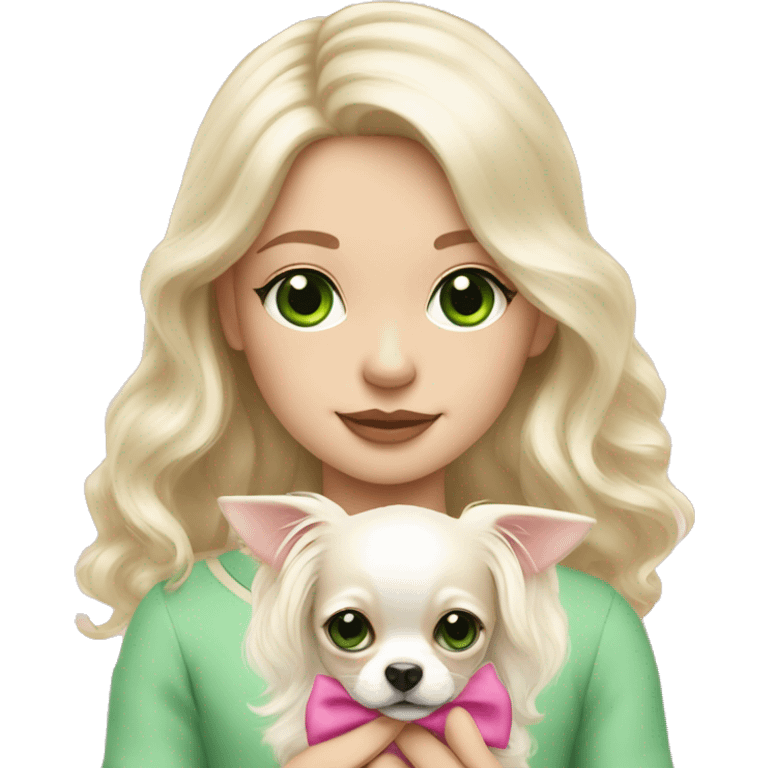 pale blond girl with wavy long platinum hair with green eyes holding a white chihuahua puppy that wearing a pink bow emoji