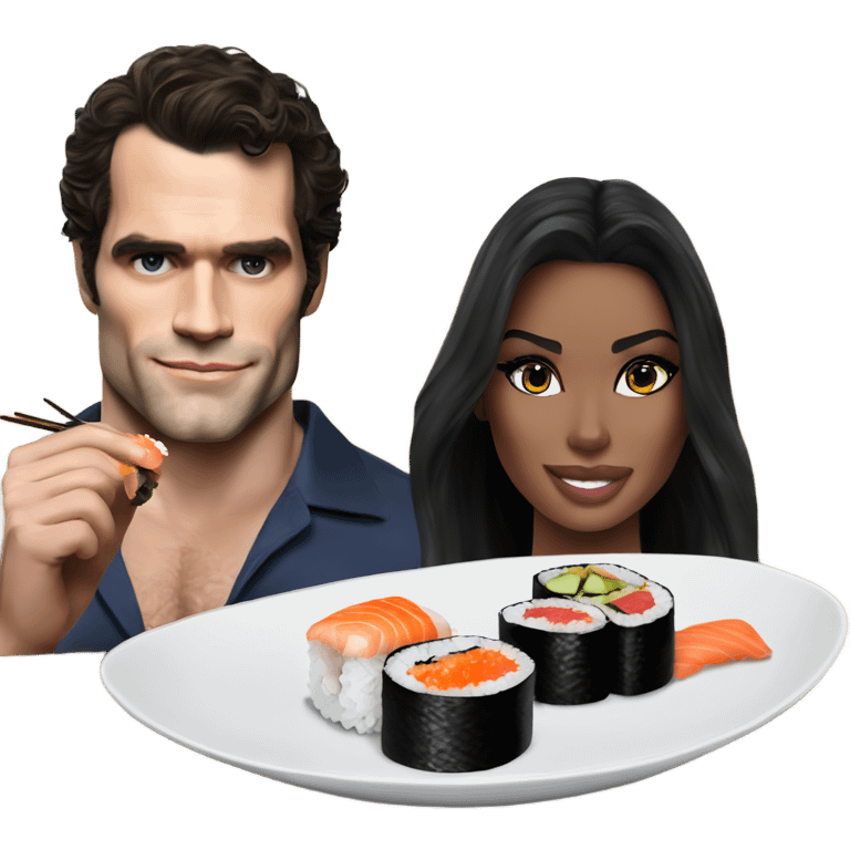 realistic photo of Henry Cavill eating sushi with a beautiful  victoria secret model  emoji