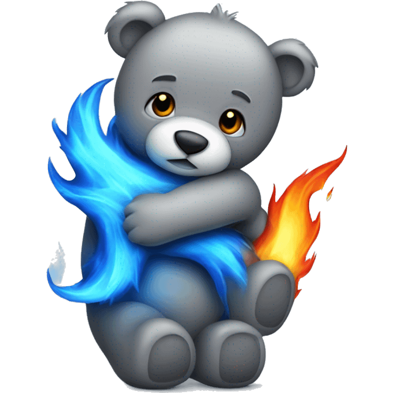 realistic-Daring-grey-teddy-bear-hugging-blue-flame emoji