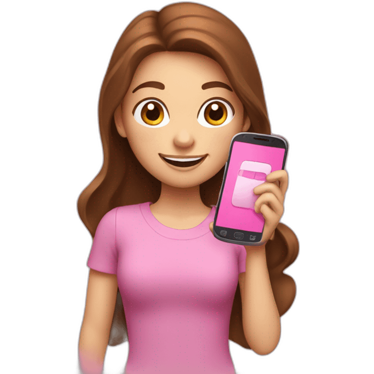 girl with brown hair, white skin, smiling and holding a pink cell phone in her hand emoji