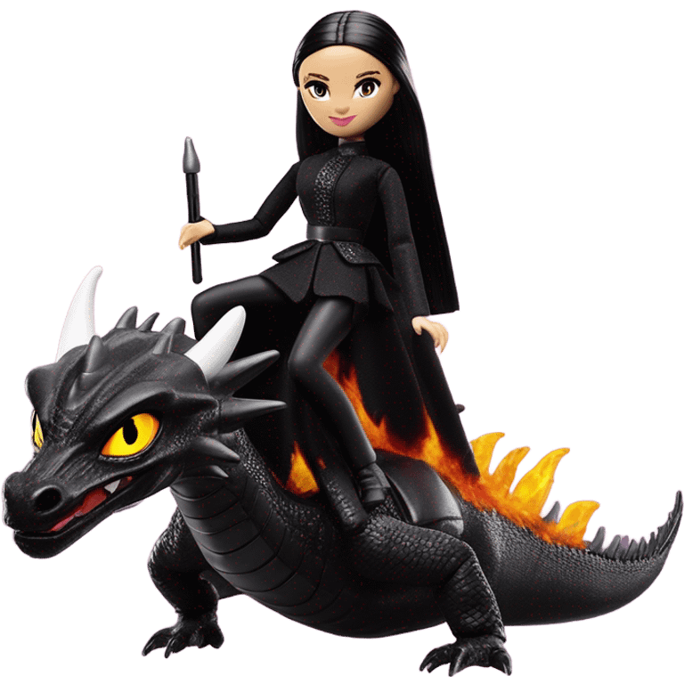 masked, empowered and glamorously dressed, Wednesday Addams Barbie Jedi flying the back of a very large black shiny evil-looking fire-spewing horned dragon. proper scale emoji