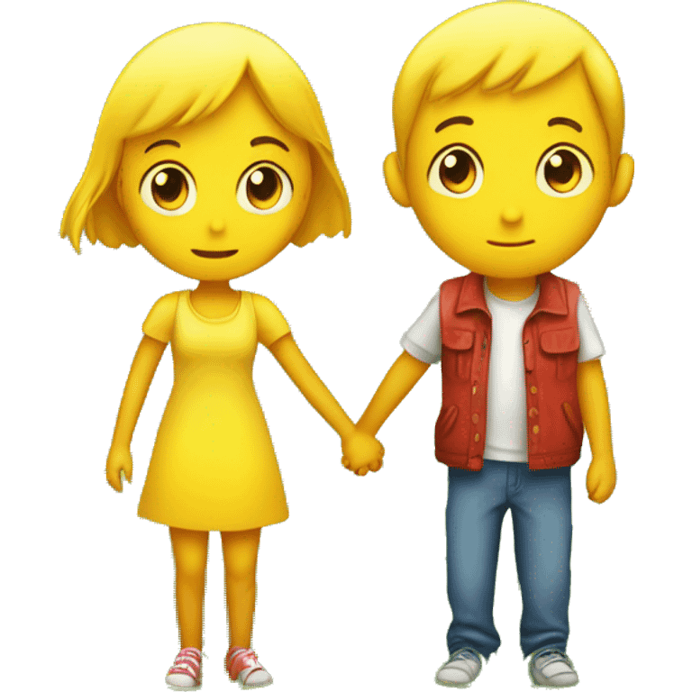 two bright yellow emojis of a boy and a girl holding hands on a lush green grass field. The girl is looking away, as if she is about to leave. The boy is looking at her with a sad expression, as if he doesn't want her to go. emoji