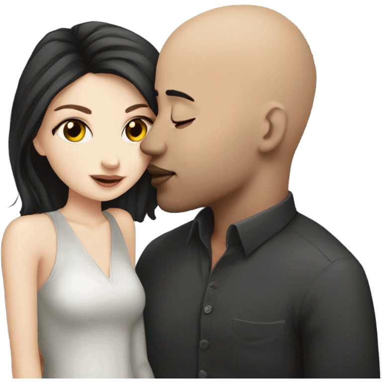 White girl dark hair kissing bald black man emoji