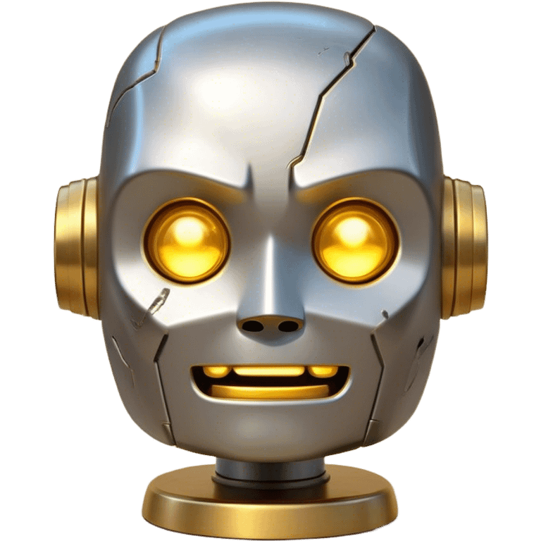 Cinematic Cute Mighty Iron Golem Portrait Emoji Head tilted playfully and inquisitively, featuring a sleek yet sturdy metal form with smooth, polished steel plating and glowing golden engravings, accented by faintly humming energy veins that pulse with life; rendered with lifelike clarity and soft, natural reflections, high shine, charming yet robust, styled with a touch of whimsical fantasy, soft glowing outline, capturing the essence of a watchful yet endearing golem, as if it might shift its massive head with a slow, thoughtful nod at any moment! emoji