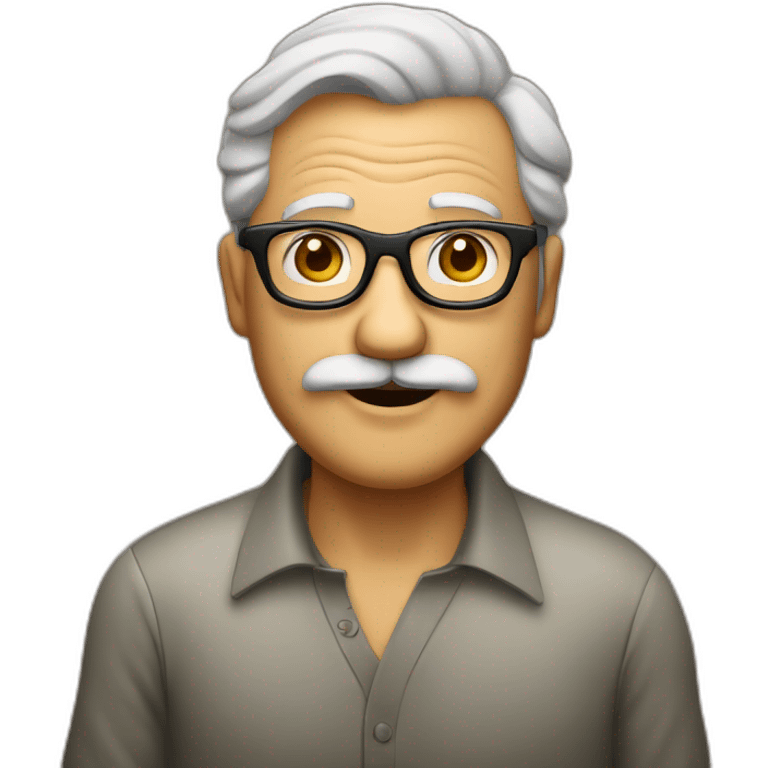 Abuelo joven con pelo cano con gafas y bigote saludando emoji