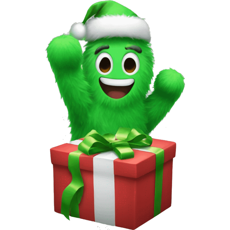 A green furry hand holding a Christmas gift  emoji