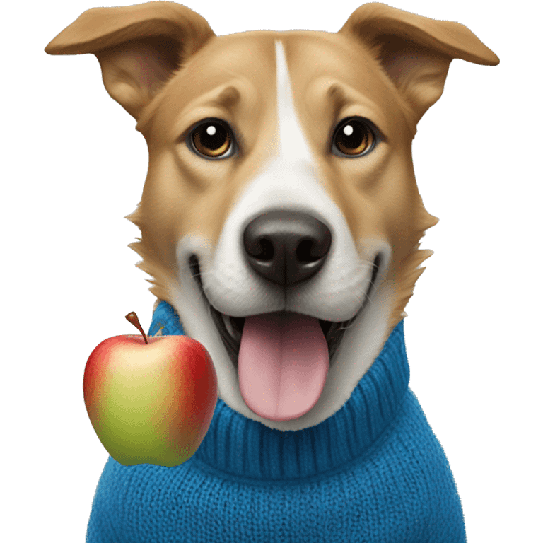 dog with an apple in its mouth with a blue sweater on emoji