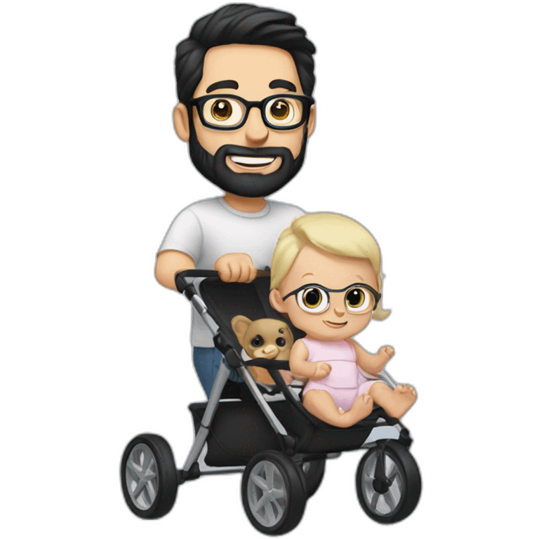 White man with Black hair,  beard and glasses pushing buggy with blonde baby emoji