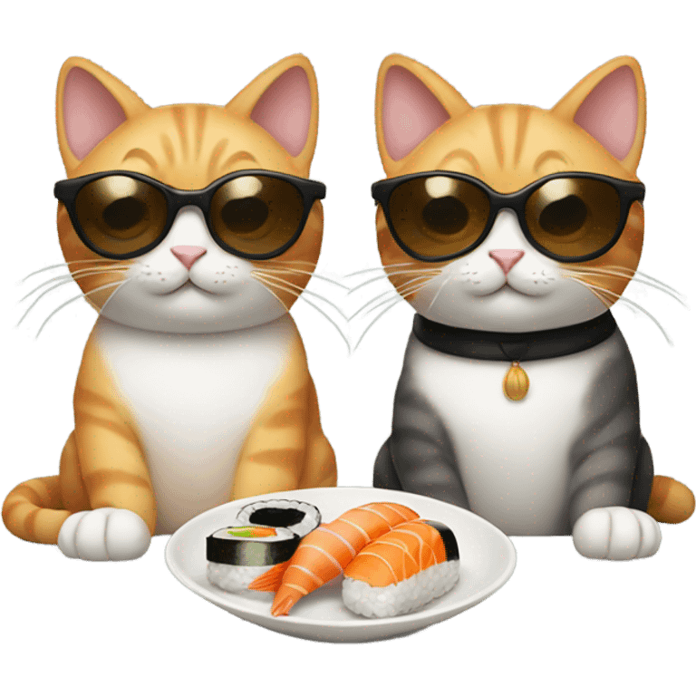 two cats wearing sunglasses and eating sushi emoji