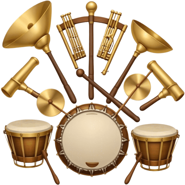 Create a heraldic, festive, and professional emblem-like emoji representing percussion instruments. The design should resemble a traditional crest, featuring a range of percussion instruments like cymbals, triangle, tambourine, maracas, timpani, and other traditional and folk percussion instruments. Arrange them symmetrically, with elements like cymbals crossing each other, a triangle at the center, and timpani or drums flanking the sides. The instruments should be depicted with metallic and wooden tones—shiny brass for cymbals, silver for the triangle, and rich wood or polished bronze for drums. Include ornate details like engraved patterns on the instruments, decorative swirls or laurels, and subtle accents to add elegance and festivity to the composition. The overall design should be cohesive, balanced, and visually striking, suitable for use as a prestigious emblem. The background should be transparent. emoji