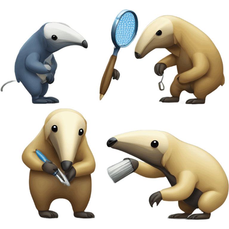 four anteaters. one anteater with a paint brush, one anteater with a magnifying glass, one anteater with computer with code, and one anteater talking to a robot emoji