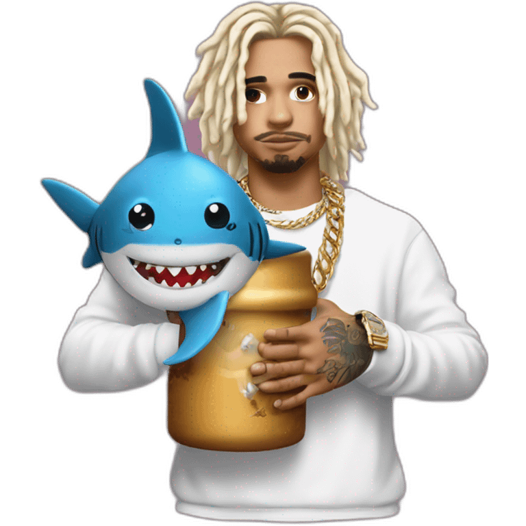 Lil Pump holds a double cap with a shark in his arms emoji