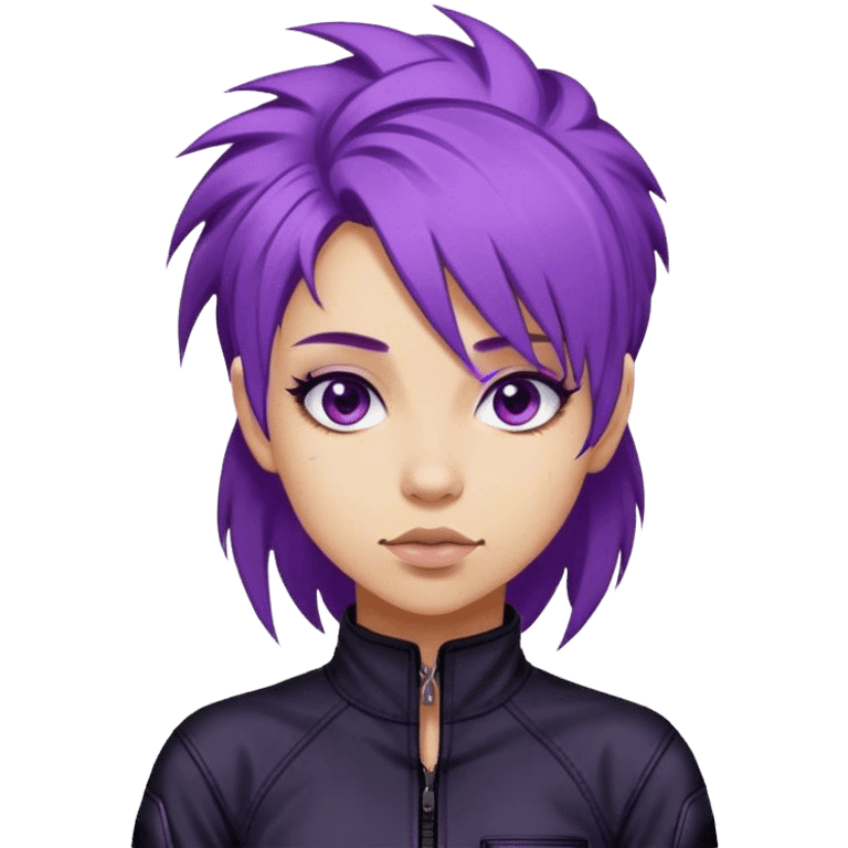 A street racer girl with messy purple hair, black jumpsuit, emoji