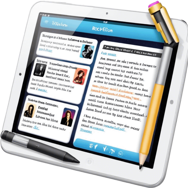 Create an emoji representing fanfiction writing. The design should feature a tablet with a screen displaying images of rock and movie stars, symbolizing the inspiration from popular culture. Next to the images, there should be visible text representing the fanfiction being written. A stylus should be placed near the tablet to emphasize the act of writing. Use a creative and expressive color palette with vibrant and neutral tones. Do not include any emojis or smiley faces. Make the background transparent. emoji