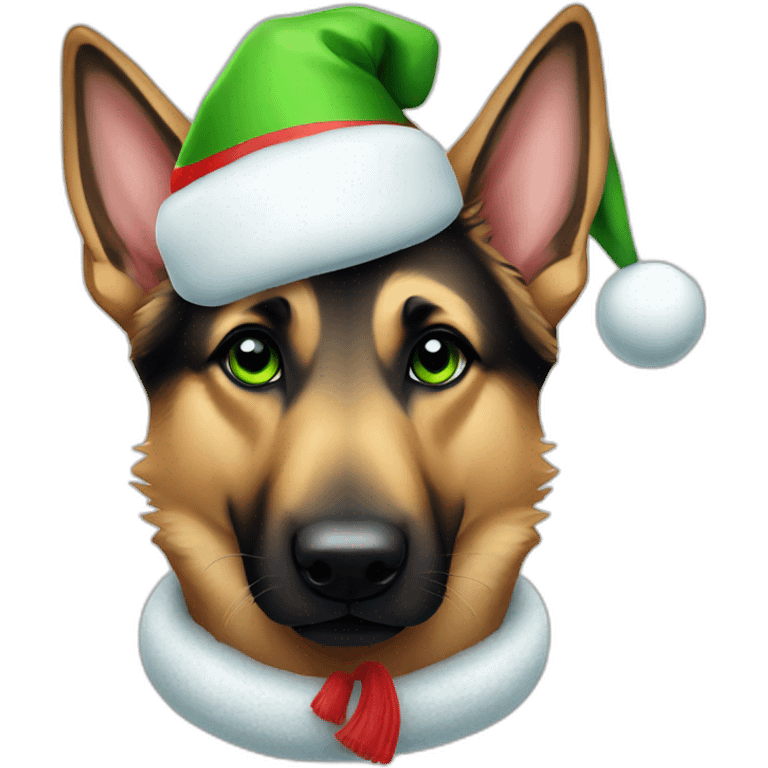 A cute German Shepherd with green eyes wearing a santa hat and a scarf emoji