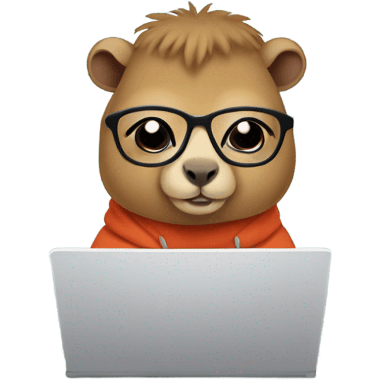 Nerdy cute capybara with glasses wearing a hoodie and coding on a laptop  emoji