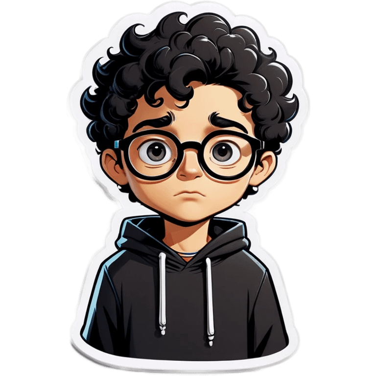 A cartoon drawing of a boy with short black curly hair with glasses and a thoughtful expression he boys face is white and he has black eyes and a black mustache. He is wearing a white hoodie. The background is a light peach color. emoji